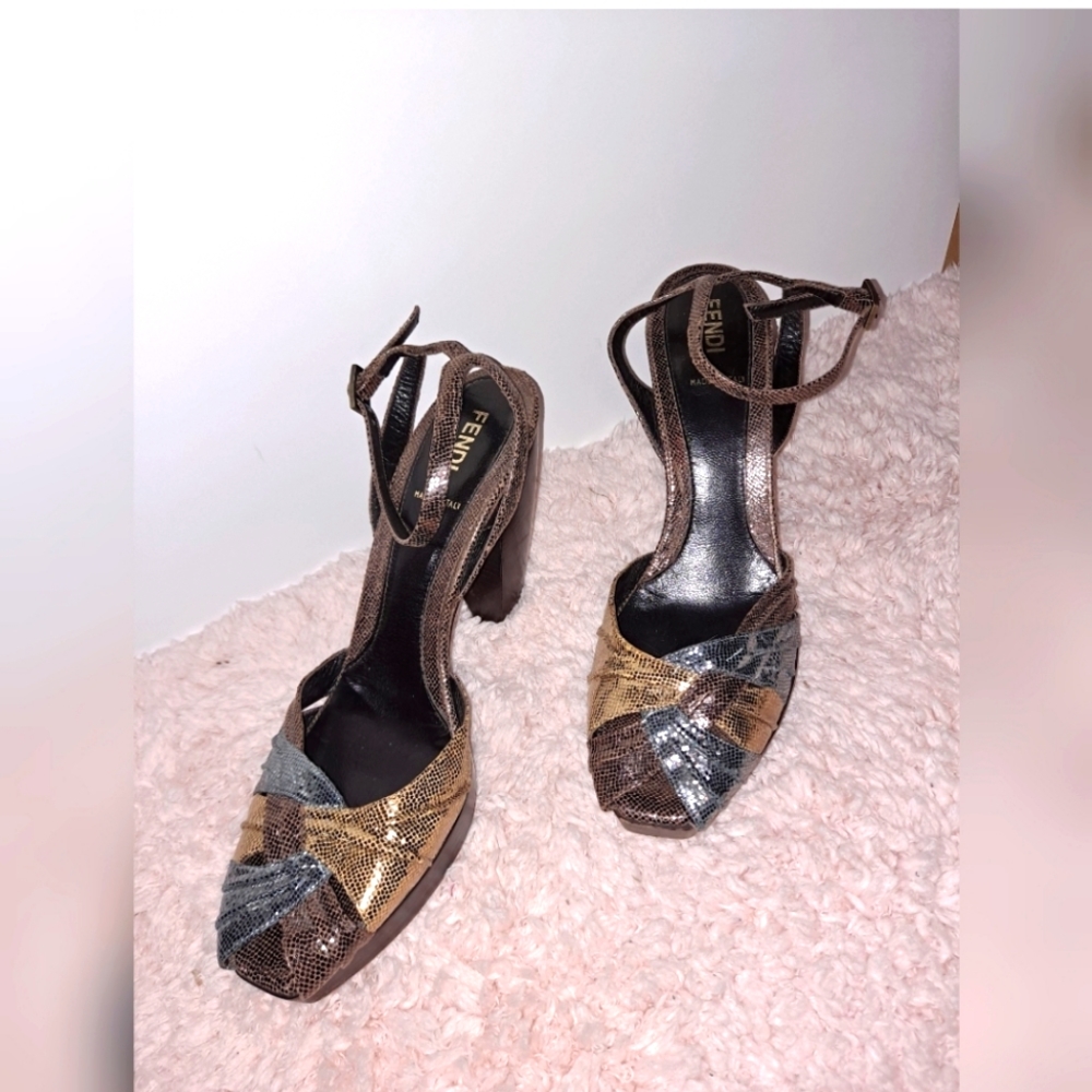 FENDI Metallic Platform Ankle Strap Open Toe High Heel Pump